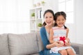 Girl children and mother hold mother`s day gift