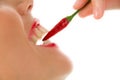 Girl with chili pepper in mouth