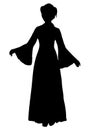 Girl in Chinese national costume silhouette, vector outline portrait, black and white contour drawing. Asian woman full-length in