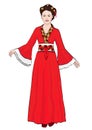 Girl in Chinese national costume standing front side, vector drawing cartoon portrait. Asian woman full-length in a red hanfu, in