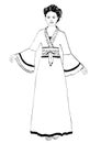 Girl in Chinese national costume standing front side, vector outline portrait, black and white contour drawing, coloring. Asian wo