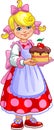 Girl with a chocolate cake. Fairy. Fairy-tale, cartoon girl with bows on her head and with dessert in her hands. Vector illustrati