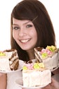 Girl choose of chocolate cake. Royalty Free Stock Photo