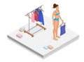 Girl chooses clothes in isometric room. Flat 3D illustration.