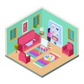 Girl chooses drawing lesson. Home art studio, isometric vector living room, couch, easel and online drawing lessons