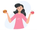 Girl chooses between healthy and unhealthy food concept flat vector illustration. Diet and healthy eating female cartoon Royalty Free Stock Photo