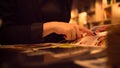 Girl chooses meal from the menu of the restaurant Royalty Free Stock Photo