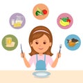 The girl chooses what she eat of the food groups: farinaceous, dairy, vegetables, fruits and meat.