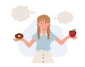 Girl Choosing between healthy or unhealthy foods. Vector illustration Royalty Free Stock Photo