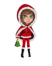 Girl character in christmas costume. Girl with a bag in the form of a Christmas tree. Royalty Free Stock Photo