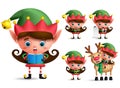Girl christmas elf vector character set. Little kid elves with green costume