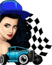 girl with classic hot rod. illustration in rockabilly style.