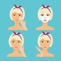 Girl Cleaning And Care Her Face With Various Actions Set. The re