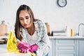 girl cleaning kitchen counter with rag Royalty Free Stock Photo