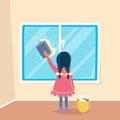 Girl cleaning a window by sponge and soap. Child householding. Washing concept. Vector illustration, cartoon style.