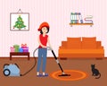 Girl cleans, decorates room for Christmas New Year