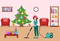 Girl cleans, decorates room for Christmas New Year