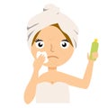 Girl cleans her face with cosmetic lotion. Skin problems solution, home remedies. Vector stock illustration.