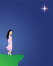 Girl on cliff on a windy evening with star