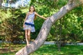 Girl climbed a tree in a city park