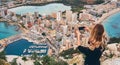 Girl climbed up on Penon de Ifach rock. Enjoy view of city from top, stand on peak of mountain takes photo of cityscape and