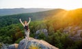 Girl climber on mountain peak on high altitude in evening Royalty Free Stock Photo