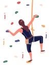 Girl is climbing in climbing hall. Bouldering equipment. Indoor activity. Flat illustration