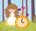 Girl and clock hearts love forest grass in wonderland