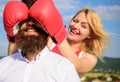 Girl close his eyes boxing gloves. Cunning strategy win. Savvy key to success. Blind boxer can not attack opponent. Girl Royalty Free Stock Photo