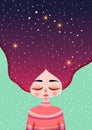 Girl with closed eyes. Night sky in hair - Vector Royalty Free Stock Photo