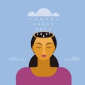 Meditative woman gets raindrops inside her skull from a cloud above