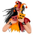 Girl clown mask holding in his hands two masks Royalty Free Stock Photo