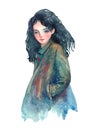 Watercolor girl in a coat