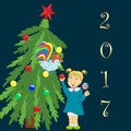 Girl, and Christmas tree. Happy New Year and Christmas. New