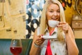 Girl with coffee cup in pub club