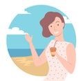 Girl with Coffee Posing, Seaside Background Vector