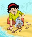 Girl collect seashells at the beach