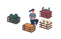 Girl collecting harvest in containers flat vector illustration. Woman sorting farm crop isolated design element. Organic