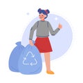 Girl Collecting Waste into Garbage Bag, Volunteer Saving and Protecting the Environment from Pollution Vector