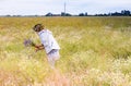 Girl collects flower bouquets in the field