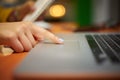 Girl College Student Using Computer Trackpad At Night