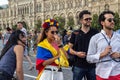 Girl with a Colombian flag and a wreath on her head on Red Square, during the 2018 FIFA World Cup