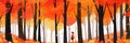 A girl in colorful autumn forest with falling leaves. Banner background, generative AI illustration in storybook style