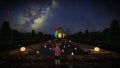 Girl With Colorful Balloons And Candels Floating In Front Of Taj Mahal Against Starry Sky