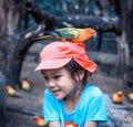 Girl with a colorful parrot on her head Royalty Free Stock Photo