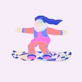 Girl on colorful snowboard. Jumping woman with long hair and in bright sport costume. Hand drawn vector illustration with gradient