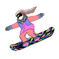 Girl on colorful snowboard. Jumping woman with long hair and in bright sport costume. Hand drawn vector illustration. Isolated on