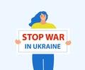 A girl in the colors of the Ukrainian flag holds a poster to stop the war in Ukraine. world peace. vector illustration