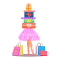 Girl with colourful gift boxes and shopping bags. Sale