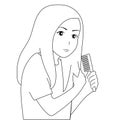 The girl combs her hair, holding a lock of hair in her hand. Vector, black and white.